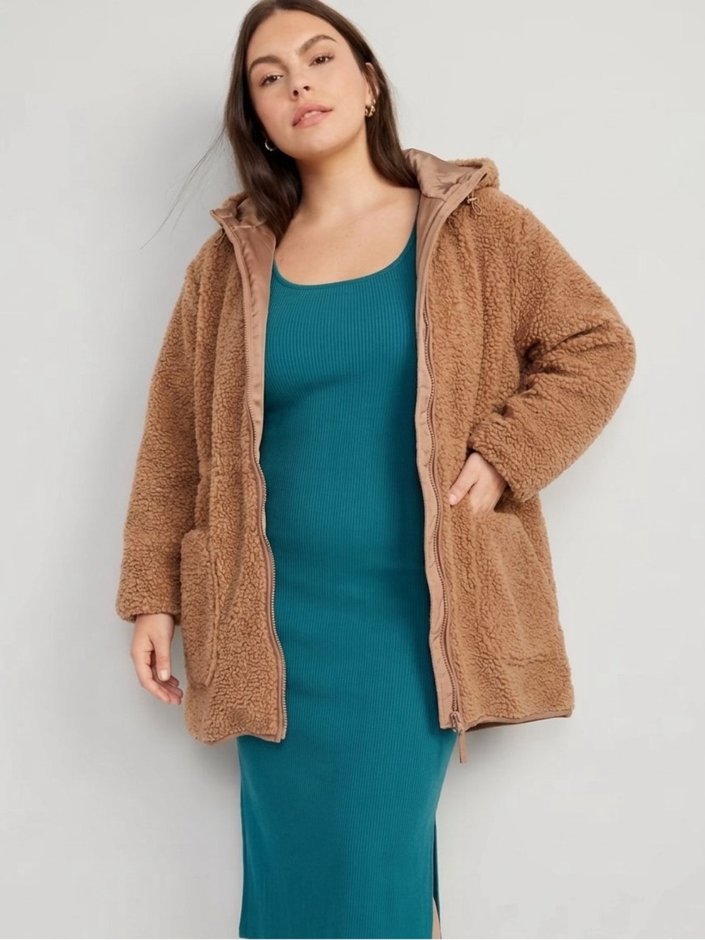 Time and Tru Plush Teddy Hooded Jacket in Camel